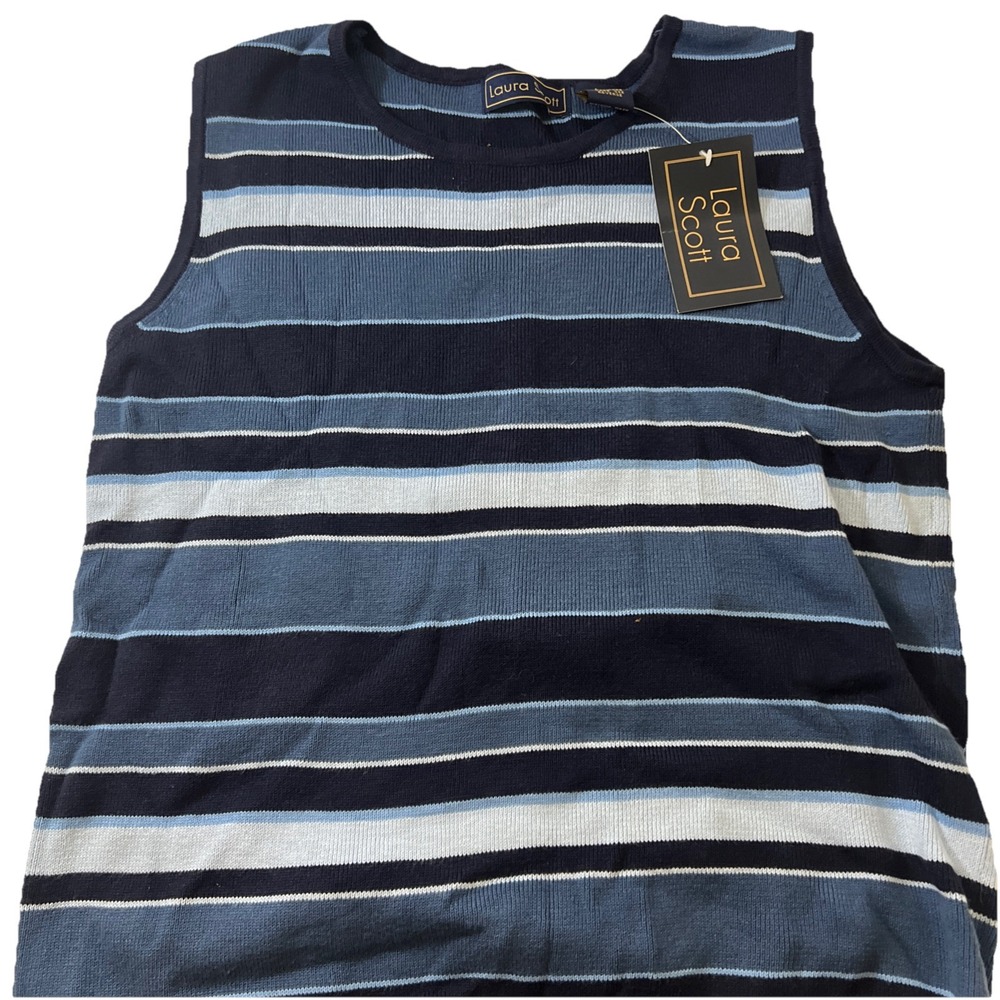 Laura Scott Knit Top Women's Blue Striped Crew Neck Size M 10-12 Sleeveless NWT